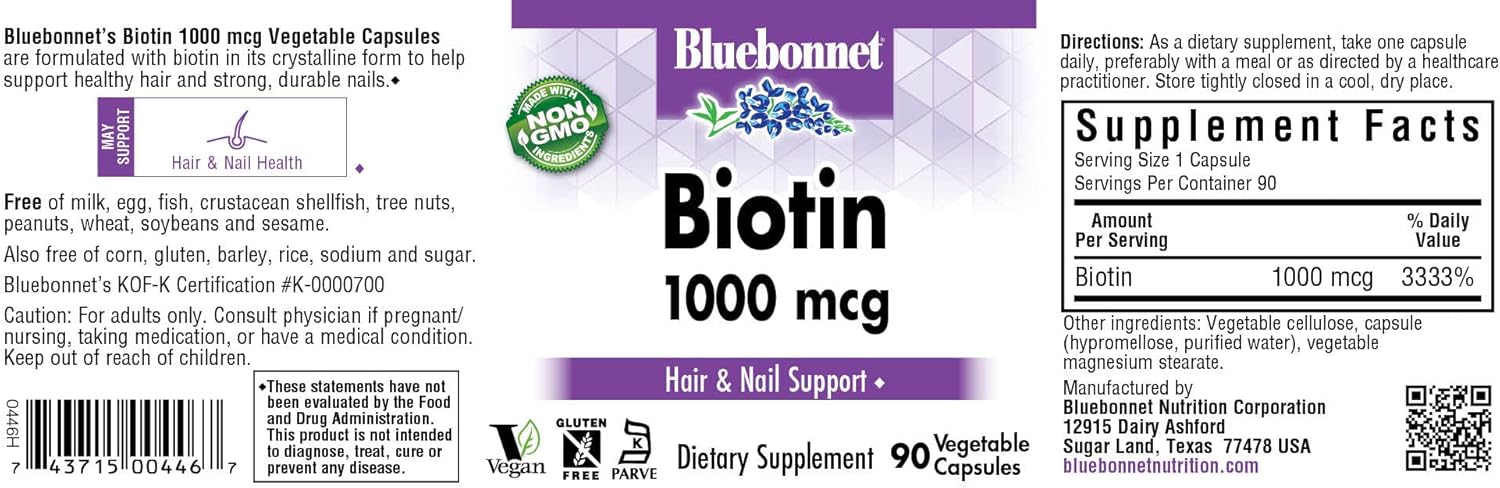 Bluebonnet Nutrition Biotin 1000 mcg, 90 Vegetable Capsules - görsel 2