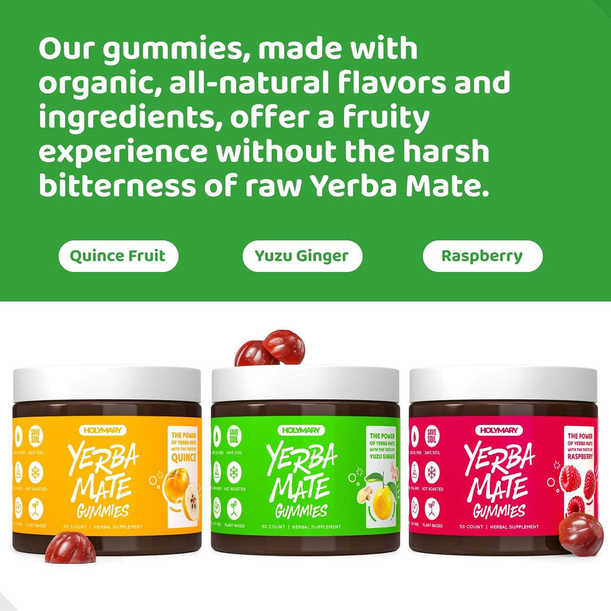 HOLYMARY Yerba Mate Gummies, Raspberry Flavour - Energy, Focus, Power - Vegan, Non-GMO, Natural Ingredients, Gluten-free, 50 Gummies - görsel 5