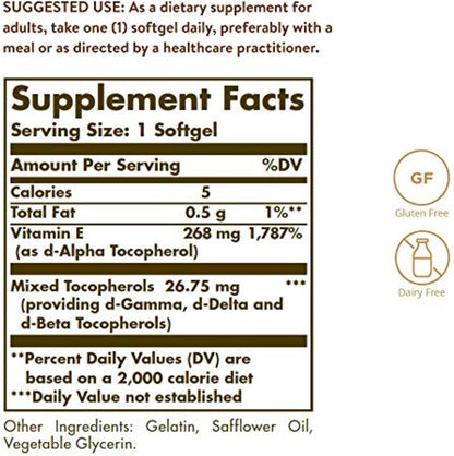 Solgar Vitamin E 268 mg (400 IU) with Mixed Tocopherols, 100 Softgels – Natural Antioxidant for Immune & Skin Support