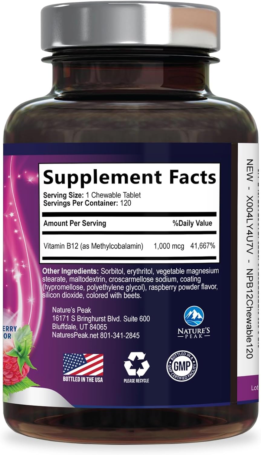 Vitamin B12 Complex (Methylcobalamin) 1000 mcg - Triple Strength B12 Supplement for Energy & Nervous System Support - Vegan, Sugar-Free, Berry Flavour - 120 Chewable Tablets - görsel 9