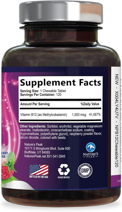 Vitamin B12 Complex (Methylcobalamin) 1000 mcg - Triple Strength B12 Supplement for Energy & Nervous System Support - Vegan, Sugar-Free, Berry Flavour - 120 Chewable Tablets
