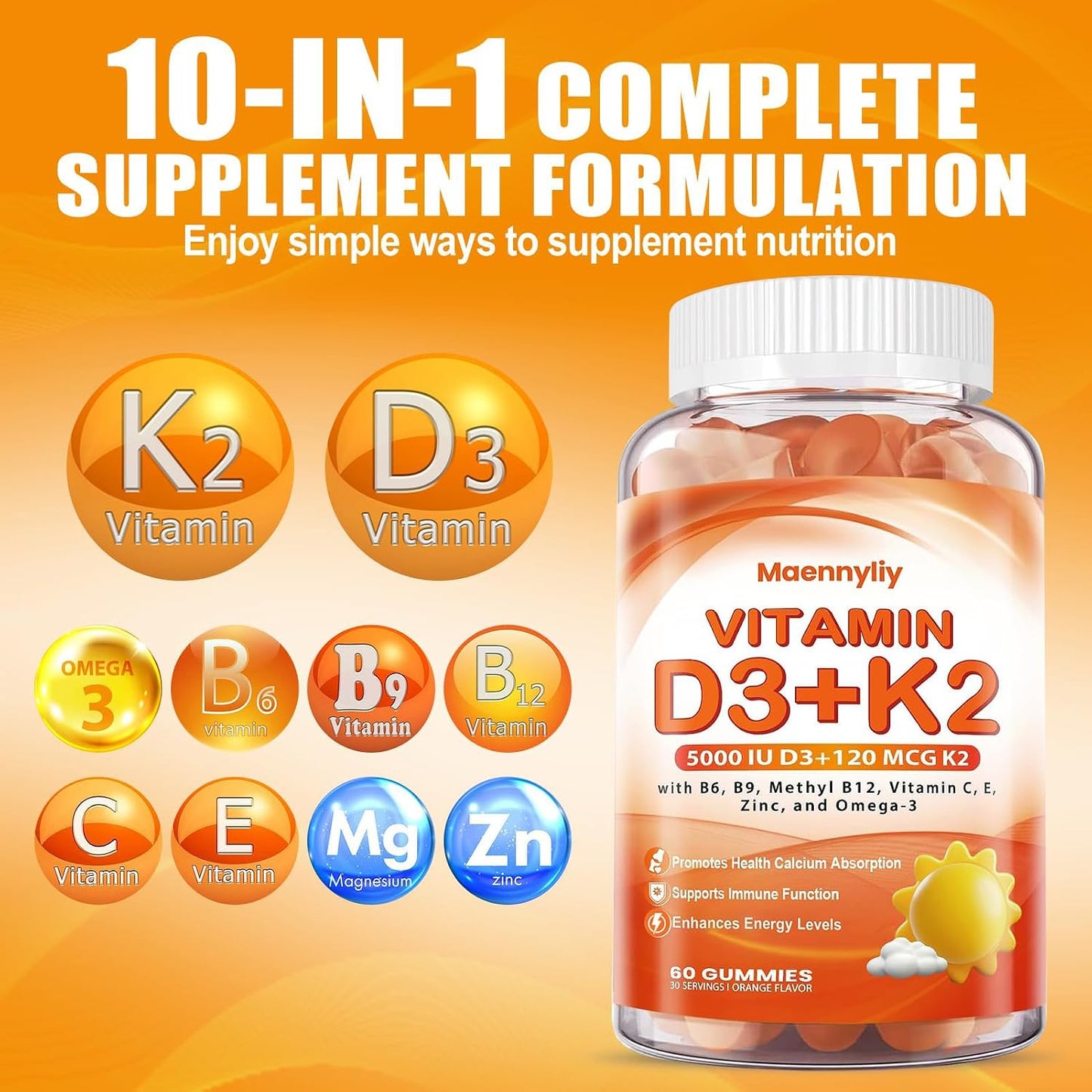 Vitamin D3 K2 Gummies for Adults - 5000 IU D3 + 120 mcg K2 (MK-7) - Sugar-Free with Omega-3 and B Vitamins - görsel 3