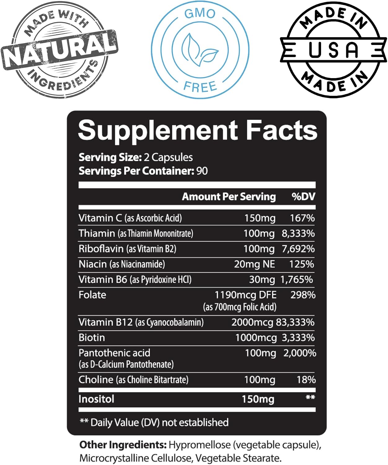 Kaya Naturals B-12 Complex – Multivitamin Food Supplement with Biotin, Choline, Inositol, Folate, and Vitamin C – 180 Tablets - görsel 3