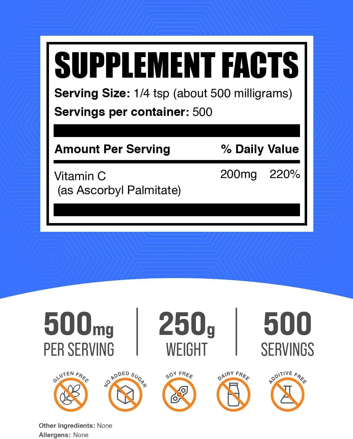 BulkSupplements Ascorbyl Palmitate Powder - Vitamin C Ester, Gluten-Free, 500mg per Serving, 250g - görsel 2