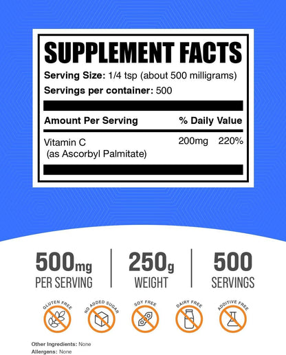 BulkSupplements Ascorbyl Palmitate Powder - Vitamin C Ester, Gluten-Free, 500mg per Serving, 250g