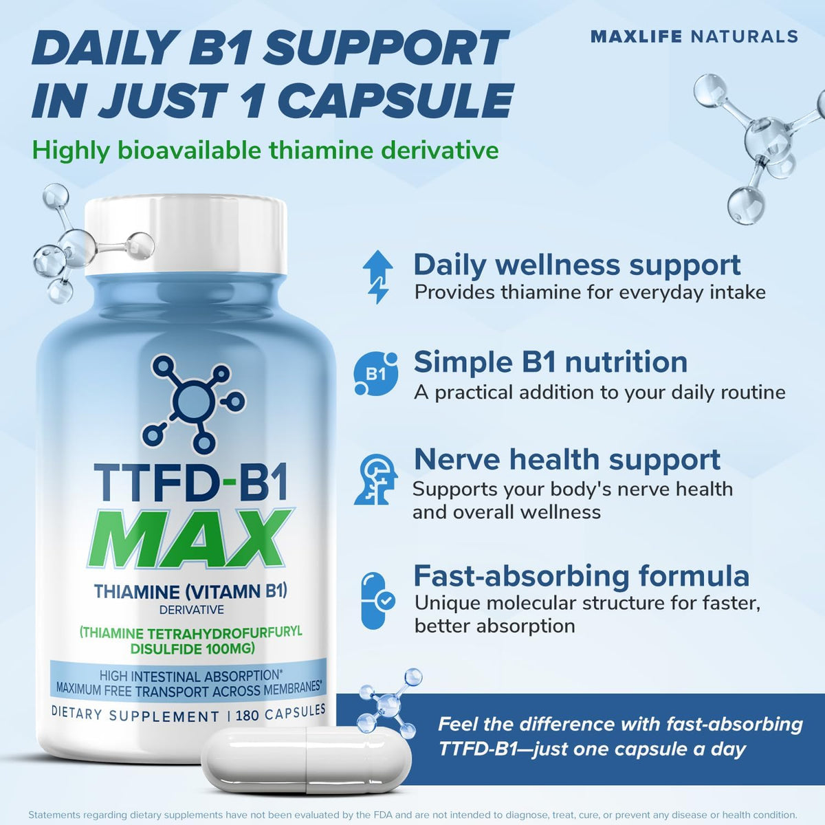 MAXLIFE NATURALS TTFD Thiamine B1 Food Supplement – 60 Capsules - görsel 2