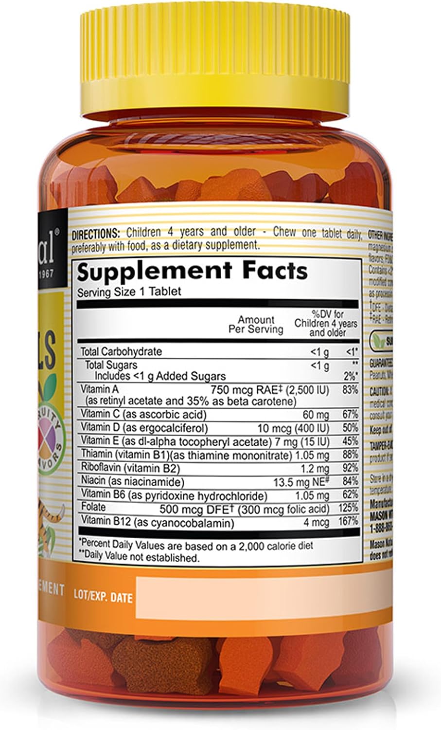 MASON NATURAL Chewable Little Animals Multivitamins for Kids - Children's Daily Multivitamin with Vitamin A, C, D, B1, B2, B3, B6, B12, and Folate - 60 Animal Shaped Chewable Tablets - görsel 2