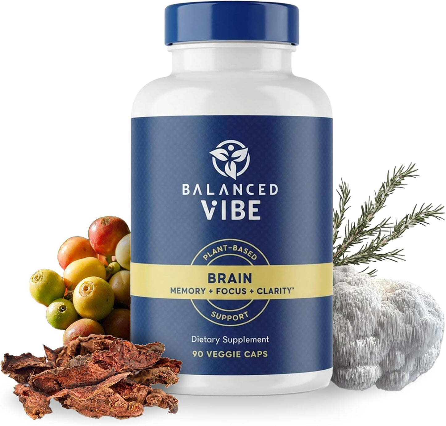 Balanced Vibe Brain Supplement 8 in 1 with Lion's Mane, Bacopa, Rhodiola, Ginkgo – Non-Stimulant, Organic, Vegan, GMP Certified, 90 Capsules - görsel 1