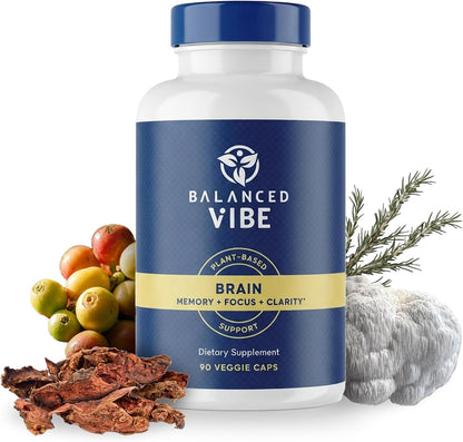 Balanced Vibe Brain Supplement 8 in 1 with Lion's Mane, Bacopa, Rhodiola, Ginkgo – Non-Stimulant, Organic, Vegan, GMP Certified, 90 Capsules