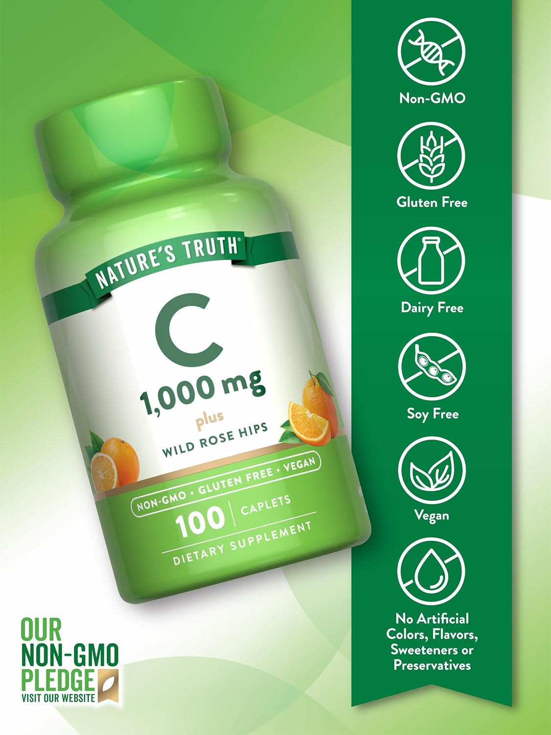 Nature's Truth Vitamin C 1000 mg with Rose Hips, 110 Caplets - Vegan, Non-GMO, Gluten-Free - görsel 3