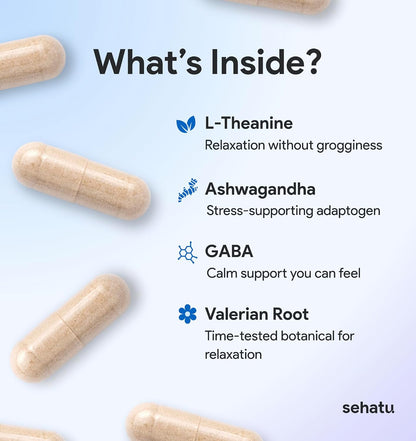 SEHATU Relax Plus Stress Relief Supplement | with GABA, L-Theanine, Ashwagandha, Valerian Root | Promotes Relaxation & Restful Sleep | 60 Capsules