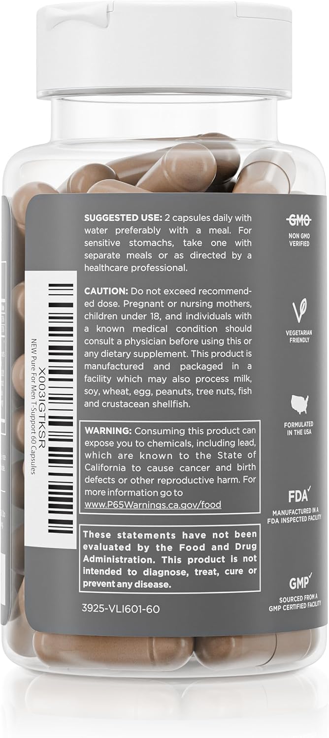 Pure for Men T-Support Supplement - Total Support for Men with Maca, Vitamin D3, and Ashwagandha, 60 Capsules - görsel 3