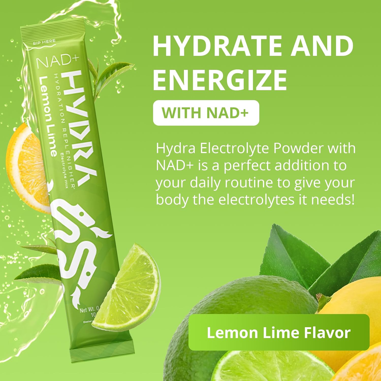 Hydra Powders NAD+ Nutrients Electrolyte Powder Sachets, Lemon & Lime - 16 Sachets - görsel 2