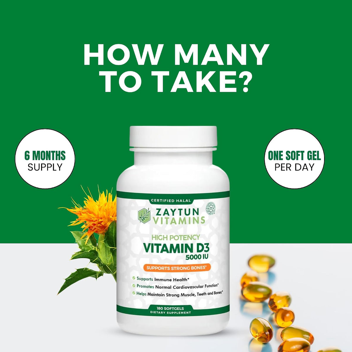 Zaytun Halal Vitamin D3 5000 IU, 6-Month Supply, Contributes to Normal Bones, Muscle Function and Immune Health, Premium Vitamin D from Safflower Oil, Non-GMO, Gluten-Free, 180 Mini Softgels - görsel 4