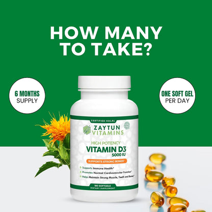 Zaytun Halal Vitamin D3 5000 IU, 6-Month Supply, Contributes to Normal Bones, Muscle Function and Immune Health, Premium Vitamin D from Safflower Oil, Non-GMO, Gluten-Free, 180 Mini Softgels