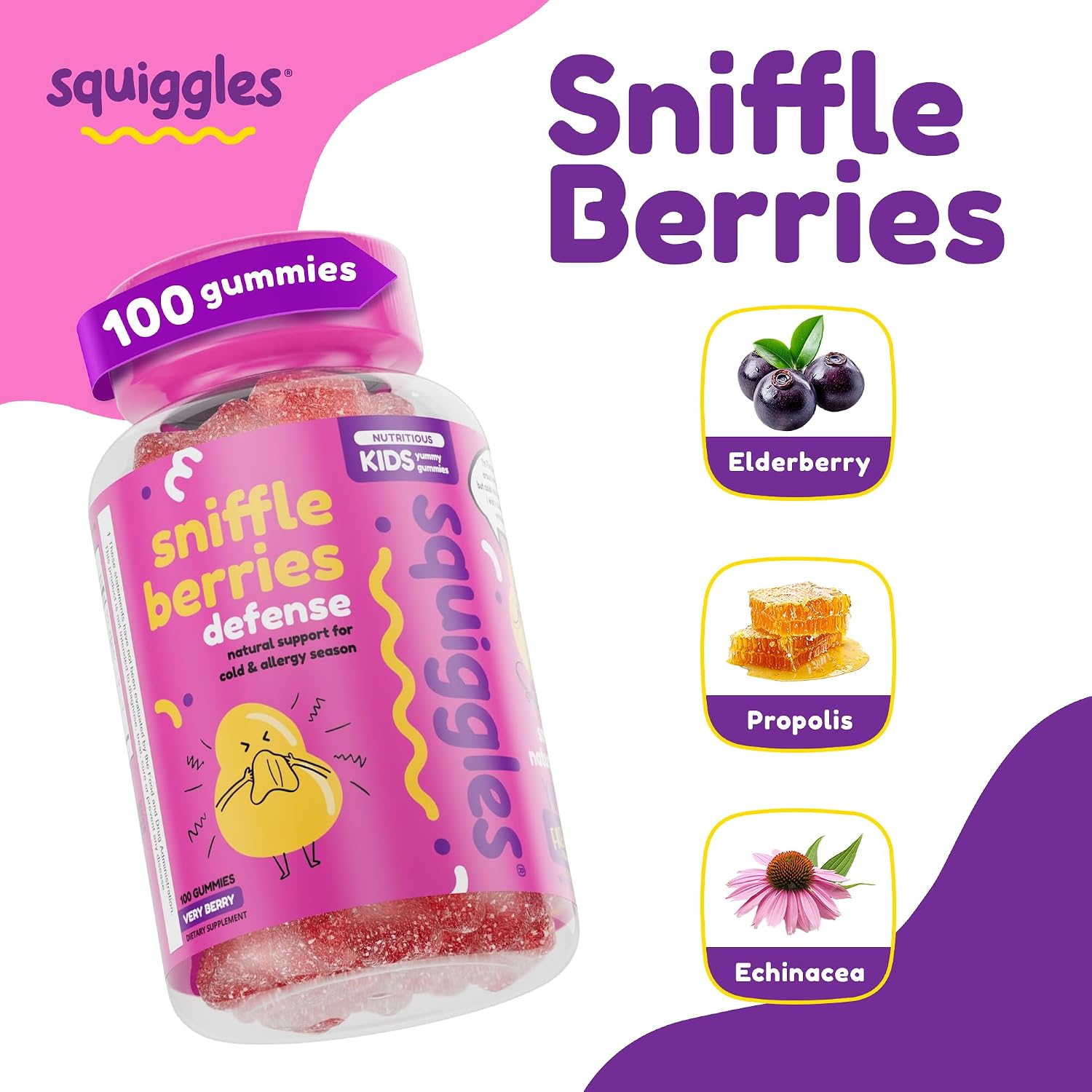 Squiggles Sniffle Berries Elderberry Gummies with Bee Propolis & Echinacea (100 Count) - görsel 2