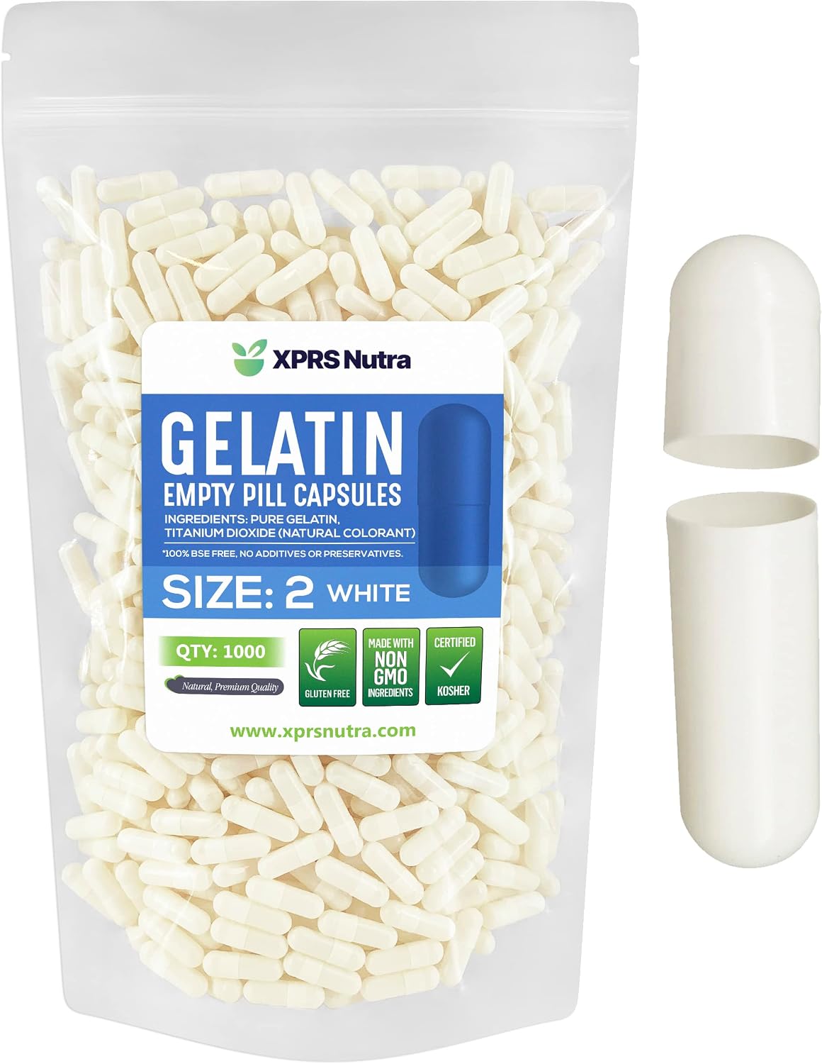 XPRS Nutra Size 2 Empty Gelatine Capsules - 1000 Count - görsel 1
