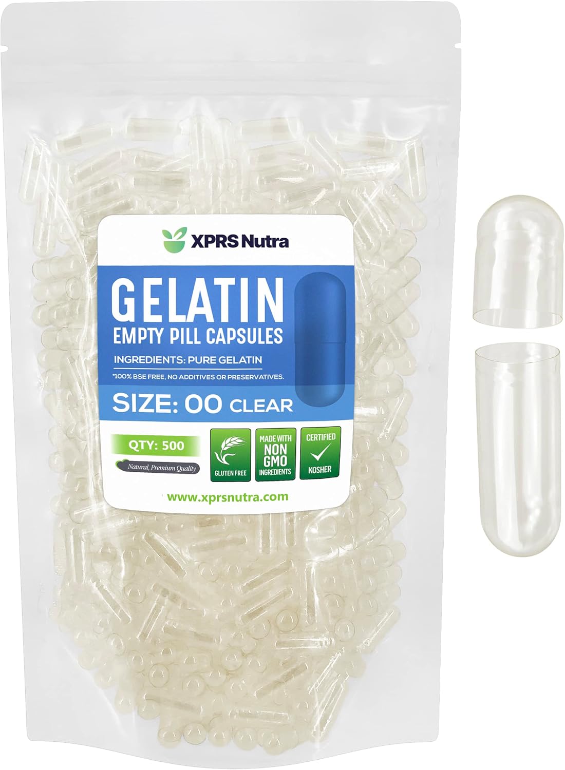 XPRS Nutra Size 00 Empty Gelatine Capsules - 500 Count - DIY Capsule Filling - görsel 1
