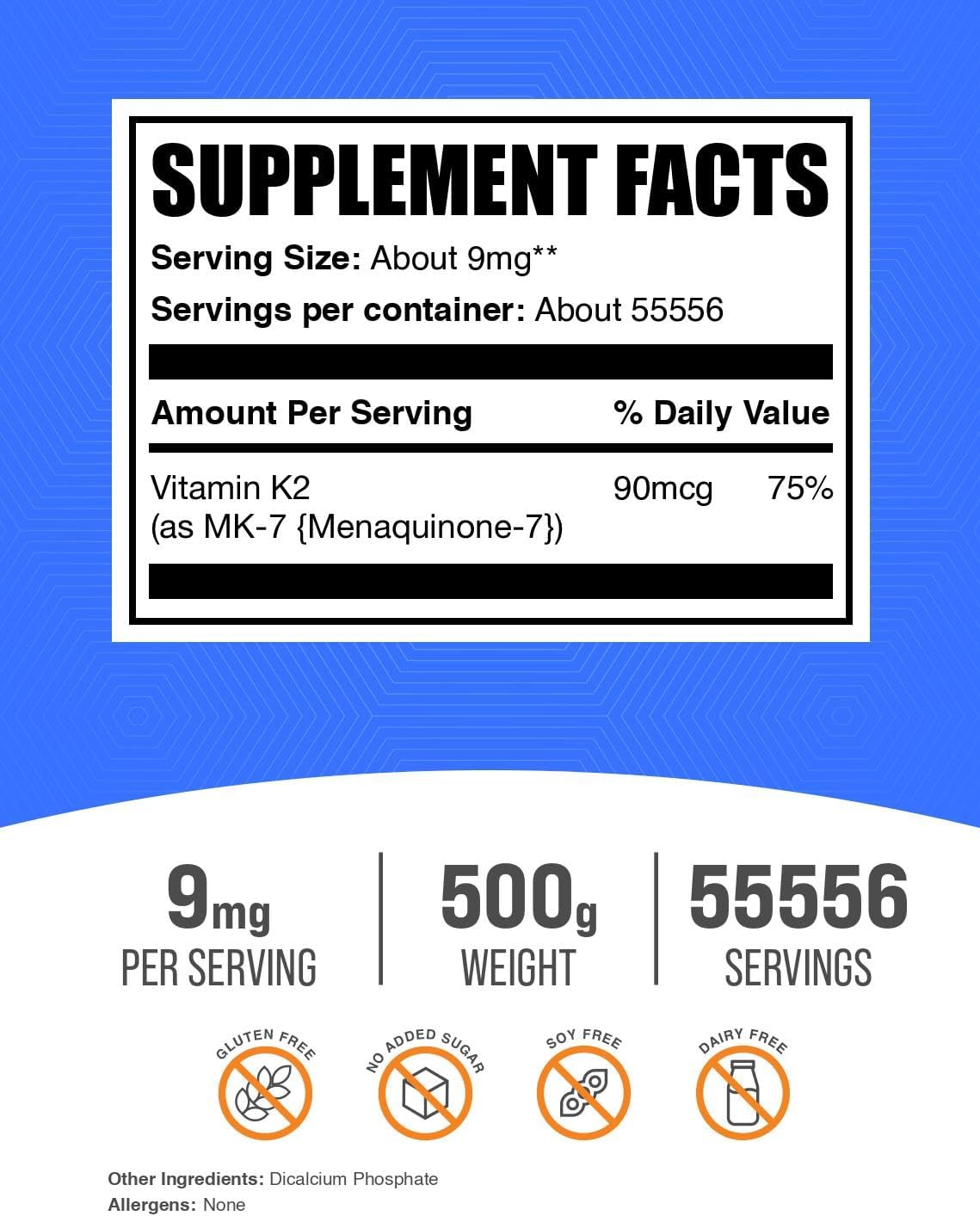 BulkSupplements Vitamin K2 Powder - MK-7 Menaquinone, 9mg per Serving, 500g - görsel 2