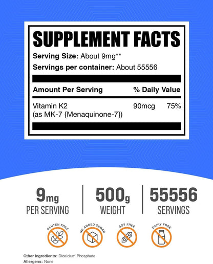 BulkSupplements Vitamin K2 Powder - MK-7 Menaquinone, 9mg per Serving, 500g