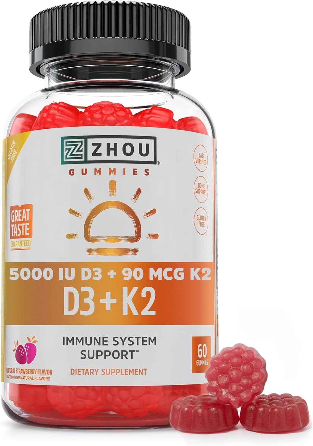 Zhou D3+K2 - Vitamin D3 K2 Supplement for Women and Men, Immune Support, Gelatine-free Gummy with 5000 IU D3 and MK-7 - 60 Veggie Gummies - görsel 1