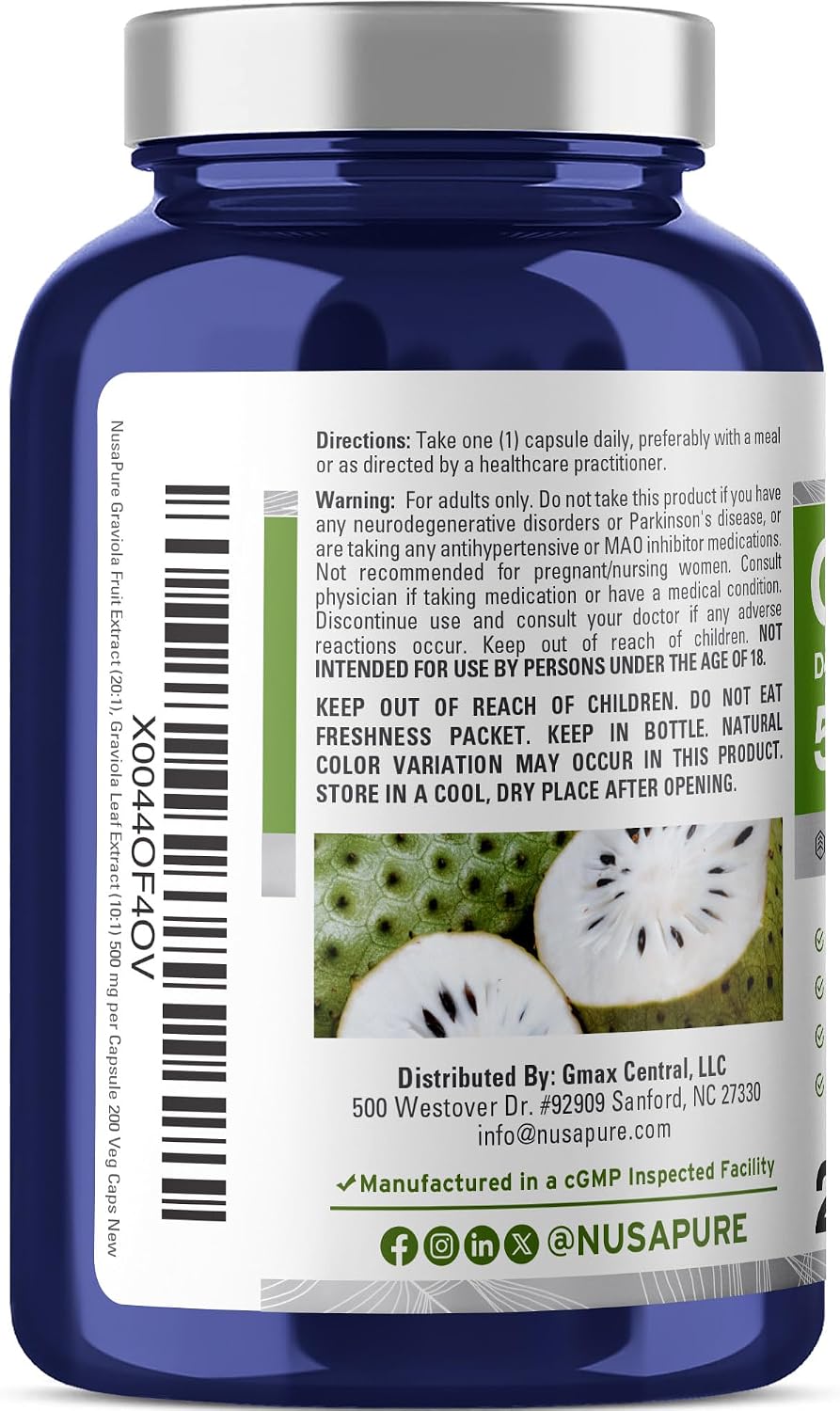 NusaPure Graviola Capsules, 500 mg, 200 Vegetable Capsules (Non-GMO, Vegan) - görsel 3