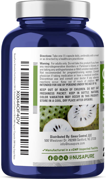 NusaPure Graviola Capsules, 500 mg, 200 Vegetable Capsules (Non-GMO, Vegan)