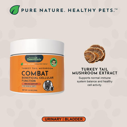 Animal Essentials Combat Turkey Tail Mushroom Supplement for Dogs & Cats – Organic Mushroom Powder Extract, Immune & Cognitive Support (70 g)