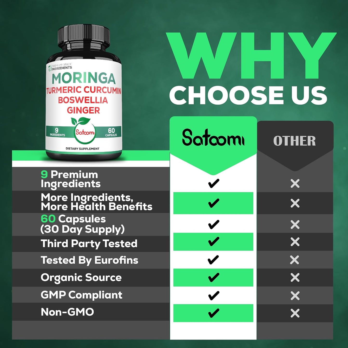 Satoomi 9in1 Moringa Capsules – Featuring Moringa, Turmeric, Boswellia, Ginger, Ashwagandha, Ceylon Cinnamon, Berberine, Milk Thistle & Resveratrol | 60 Count - görsel 4