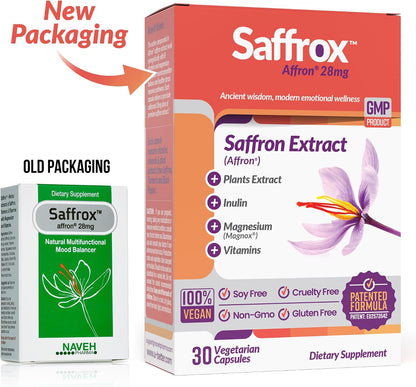 NAVEH PHARMA Saffrox Saffron Supplement – 30 High Strength Affron Extract Capsules (28mg) – Natural Mood Booster, Focus & Brain Support