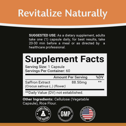 Premium Saffron Extract Capsules - 88.50mg - Focus, Mood & Vision Support