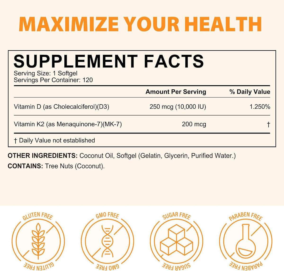 Vitamin D3 K2 Supplement Soft gel capsules, 10,000 IU D3 + 200 mcg K2 (MK-7) | 2-in-1 Replenish Formula with Coconut Oil, Supports Calcium Absorption, Easy to Swallow 120 Capsules - görsel 4