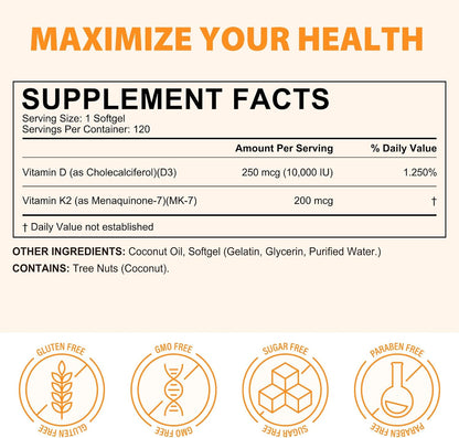 Vitamin D3 K2 Supplement Soft gel capsules, 10,000 IU D3 + 200 mcg K2 (MK-7) | 2-in-1 Replenish Formula with Coconut Oil, Supports Calcium Absorption, Easy to Swallow 120 Capsules