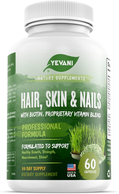YEVANI 100% Pure Hair, Skin and Nails Vitamins with Biotin Super Blend Formula