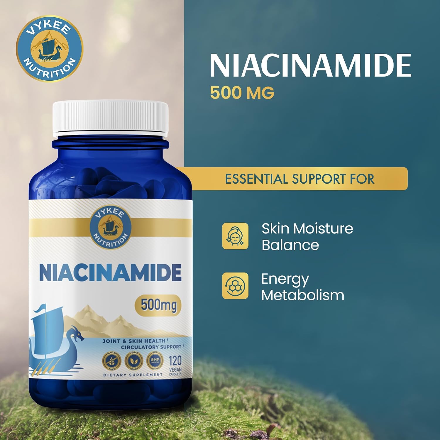 Vykee Nutrition Niacinamide Capsules - Vitamin B3 Supplement for Skin Health and Energy Metabolism - Vegan, Non-GMO, Gluten-free - 500 mg, 120 Count - görsel 2
