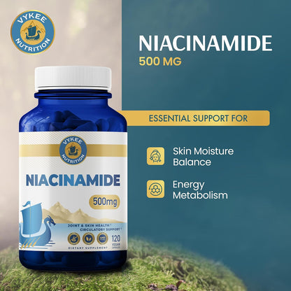 Vykee Nutrition Niacinamide Capsules - Vitamin B3 Supplement for Skin Health and Energy Metabolism - Vegan, Non-GMO, Gluten-free - 500 mg, 120 Count