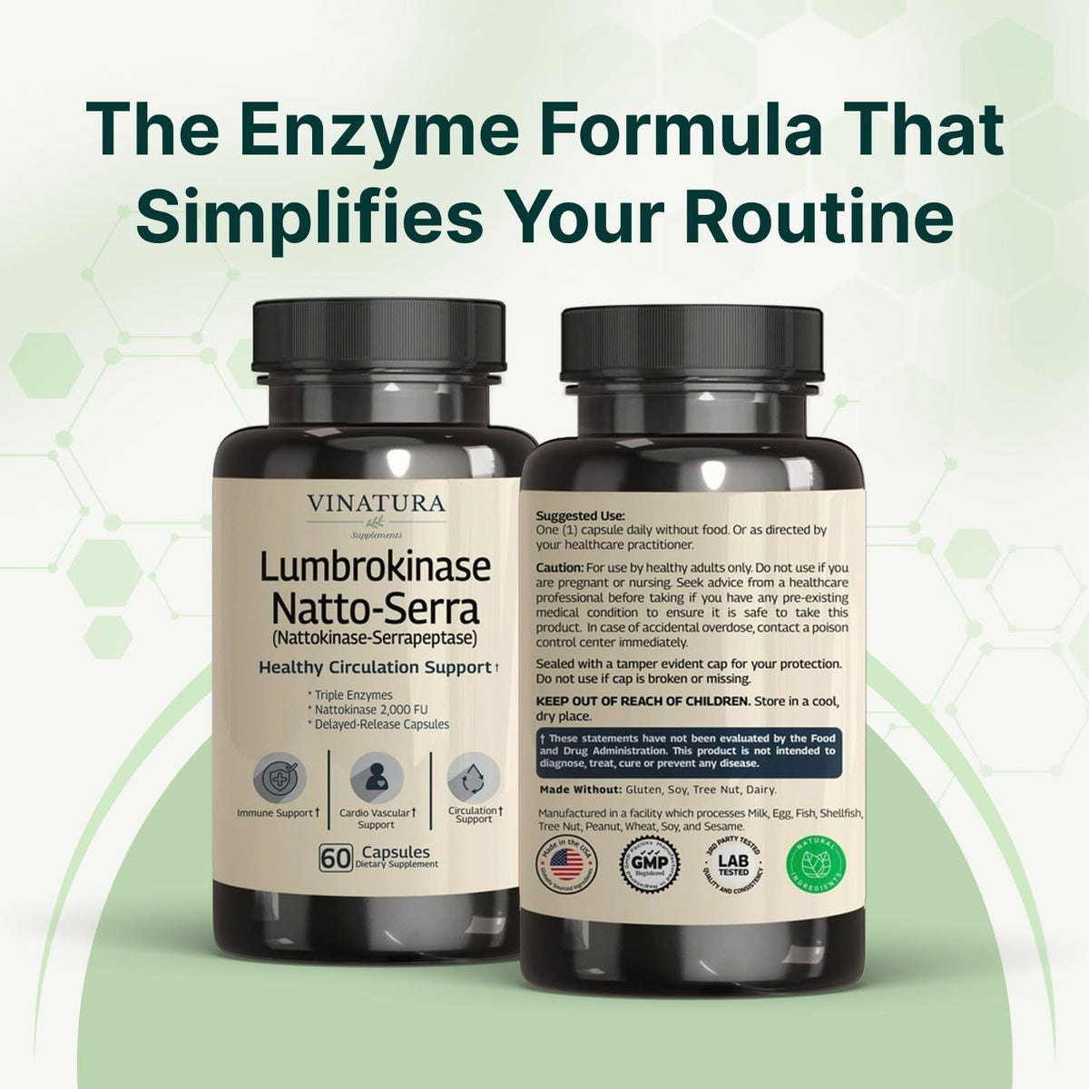 VINATURA Lumbrokinase Serrapeptase Nattokinase - Triple Enzyme Supplement for Blood Circulation Support - 60 Delayed-Release Capsules - görsel 8