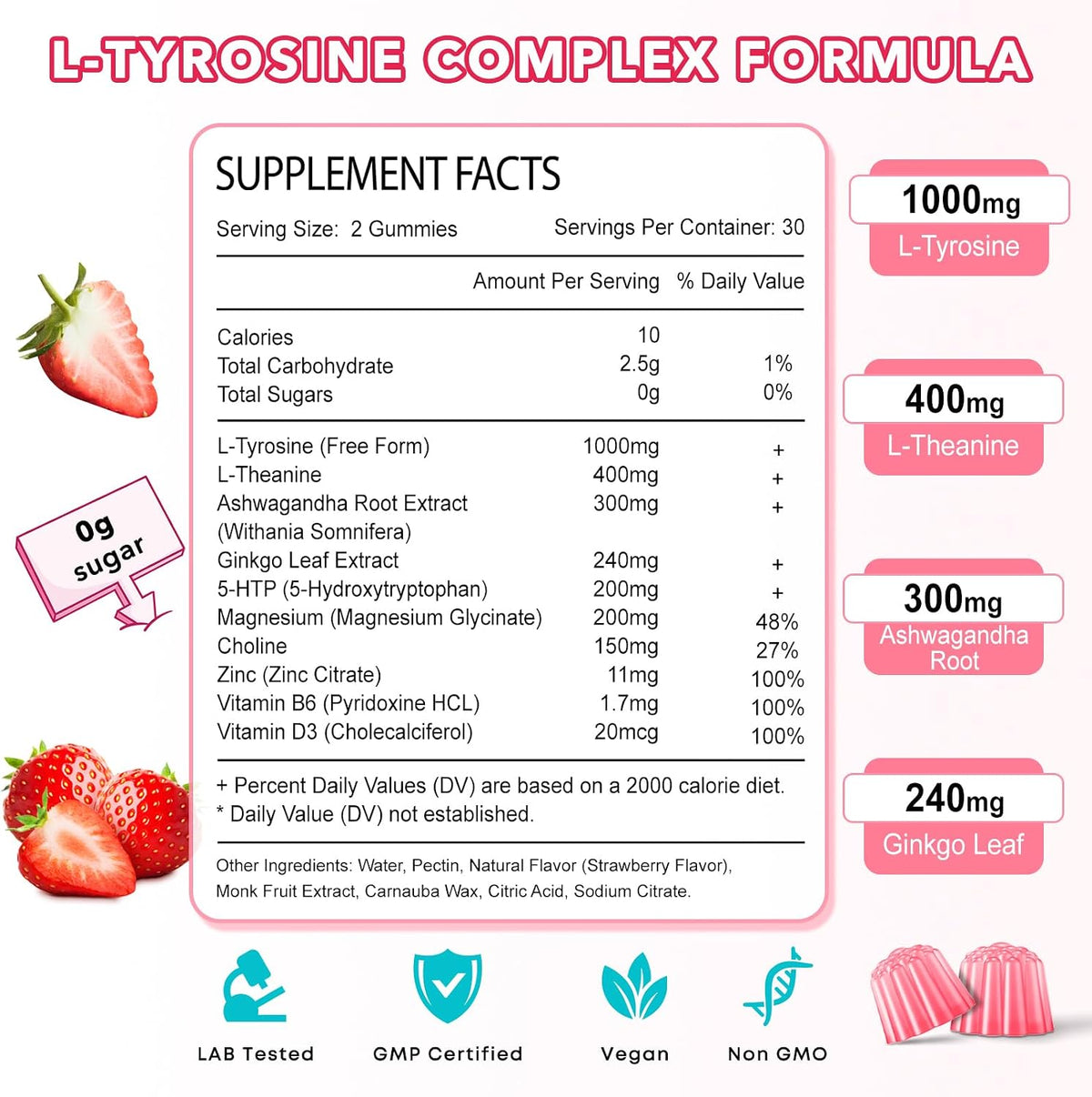 Zetelixia L-Tyrosine Gummies 2-Pack - 10-in-1 Food Supplement with L-Theanine, B6, D3, Ashwagandha - Strawberry Flavour (120 Count) - görsel 6