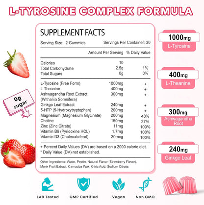 L-Tyrosine Gummies, 10-in-1 Supplement for Cognitive & Energy Support, Strawberry Flavour, 60 Count