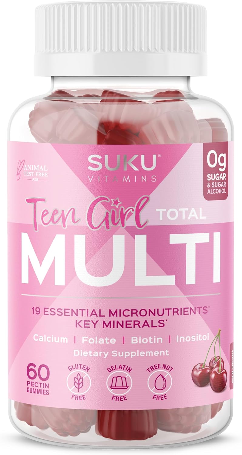 SUKU Teen Girl Multivitamin Gummies – Vitamins A, B12, C, D3, E, Biotin & Zinc – Sugar-Free Vegetarian – Cherry – 60 Gummies - görsel 1