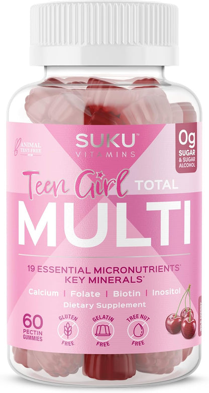 SUKU Teen Girl Multivitamin Gummies – Vitamins A, B12, C, D3, E, Biotin & Zinc – Sugar-Free Vegetarian – Cherry – 60 Gummies