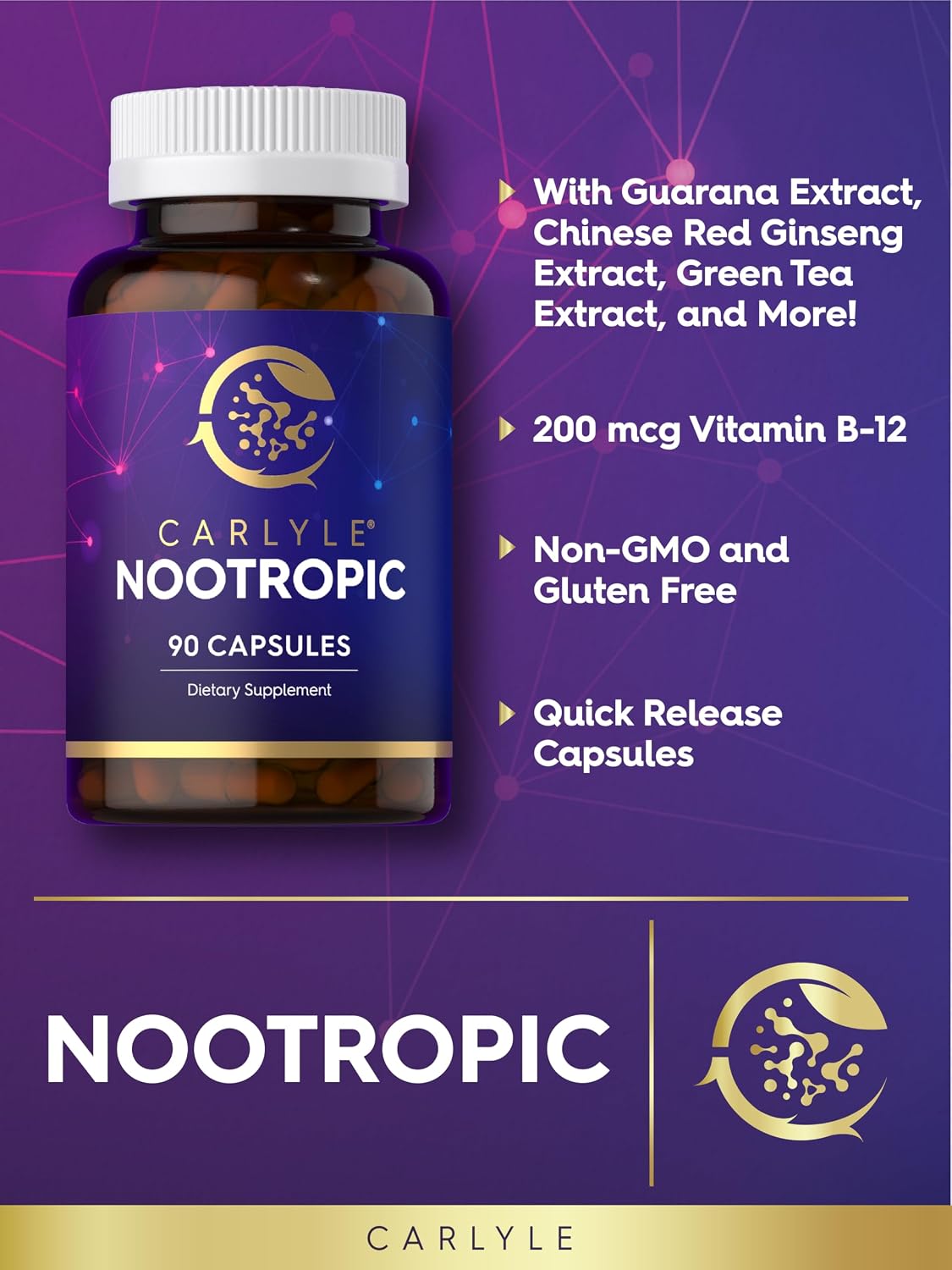 Carlyle Brain Nootropic Supplement | 90 Capsules | with Caffeine, B12, and Guarana Extract | Non-GMO & Gluten-Free - görsel 4