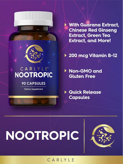Carlyle Brain Nootropic Supplement | 90 Capsules | with Caffeine, B12, and Guarana Extract | Non-GMO & Gluten-Free