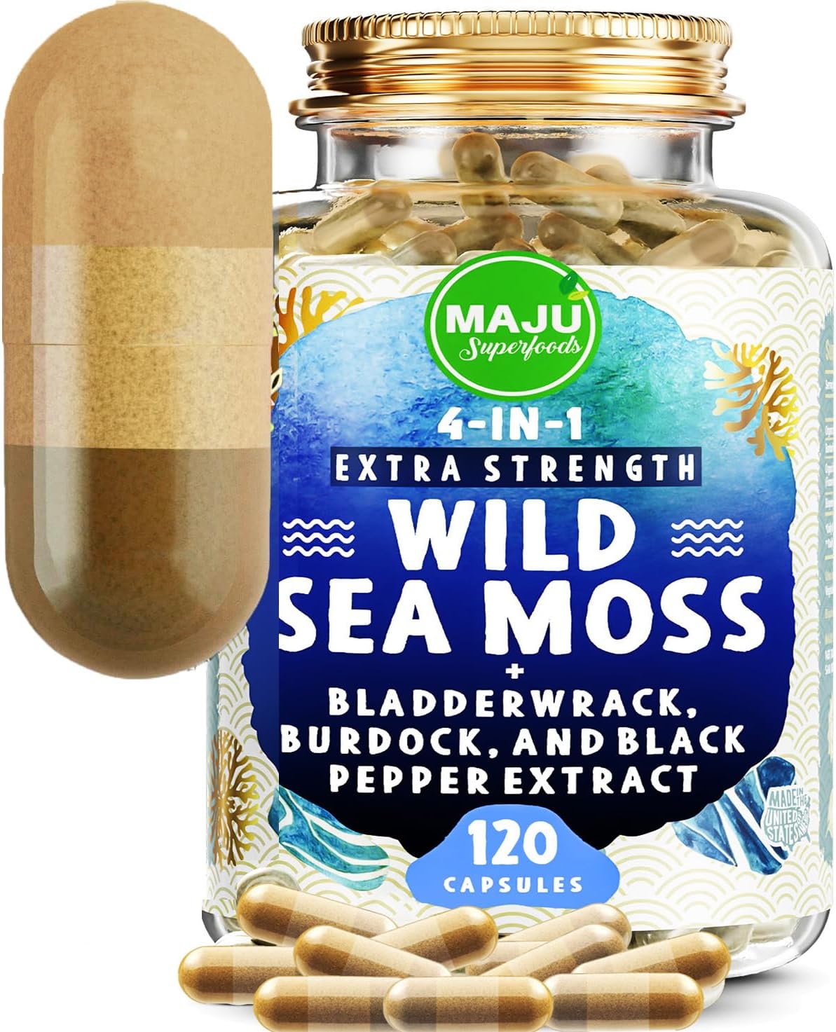 MAJU Wild Irish Sea Moss Capsules - 4-in-1 with Bladderwrack, Burdock Root & Black Pepper (120 Capsules) - görsel 1