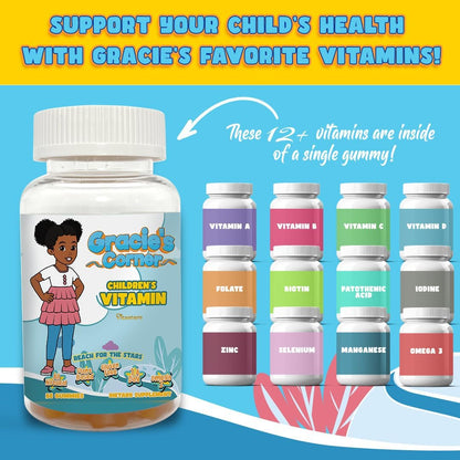 Gracie’s Corner Stars Kids Multivitamin Gummies with Omega-3 - Children’s Vitamins A, B, C, D - Star-Shaped Toddler Multivitamins, Plant-Based, Gluten-free Kids Gummy Vitamins, 60 Count