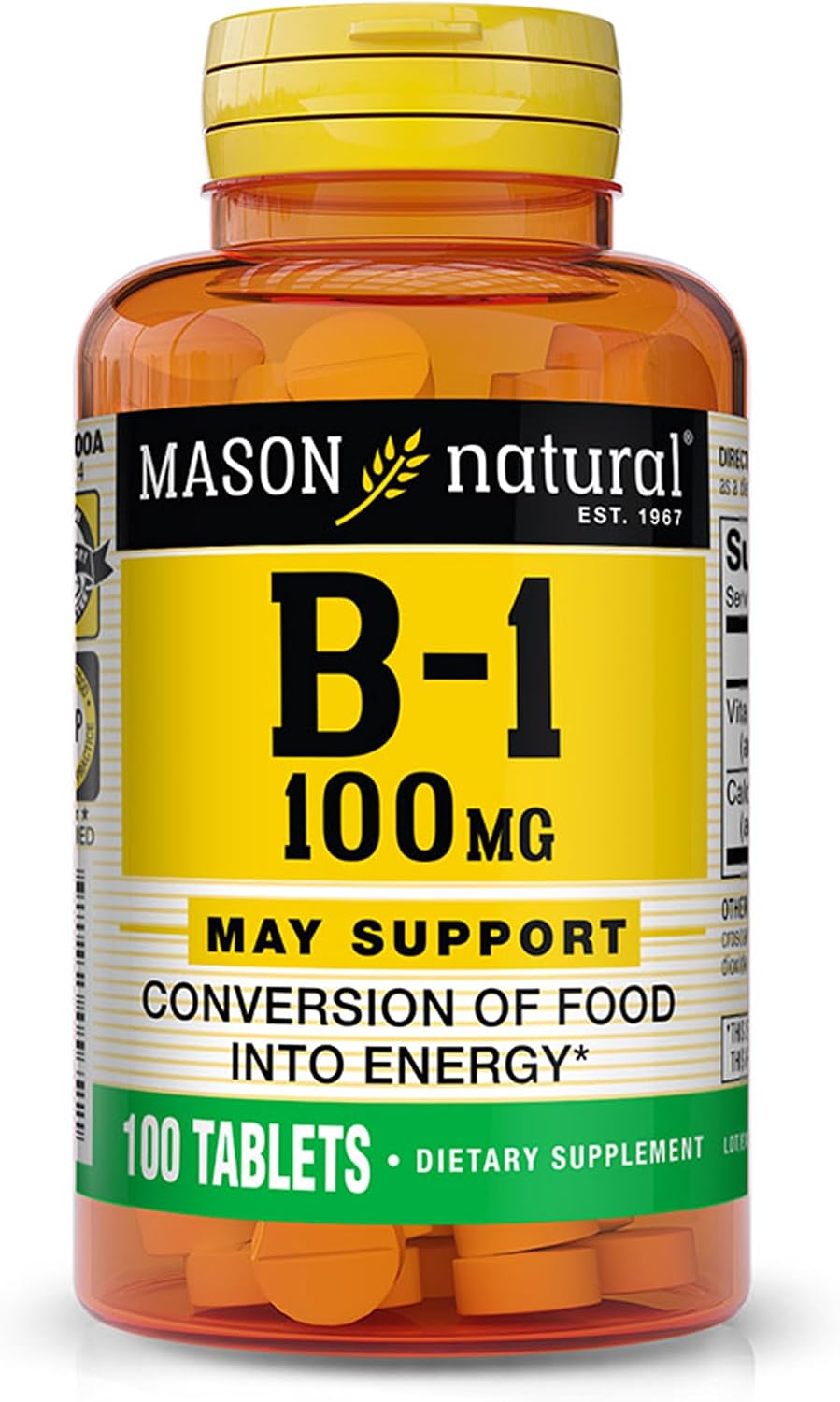 MASON NATURAL Vitamin B1 (Thiamine) 100 mg – Contributes to Normal Energy Metabolism, Nerve, Heart & Immune Health, 100 Tablets - görsel 1