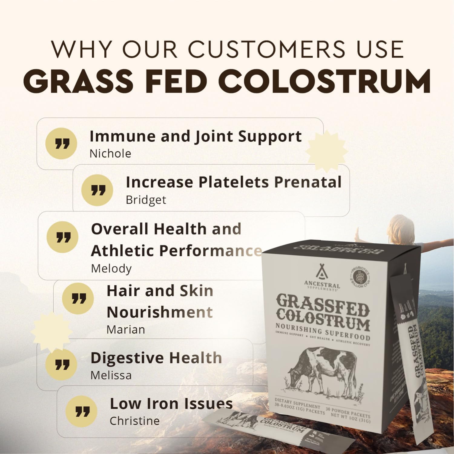 Ancestral Supplements Grass Fed Beef Bovine Colostrum Powder Packets, Immune & Gut Support, 30 Sticks, Unflavoured - görsel 5