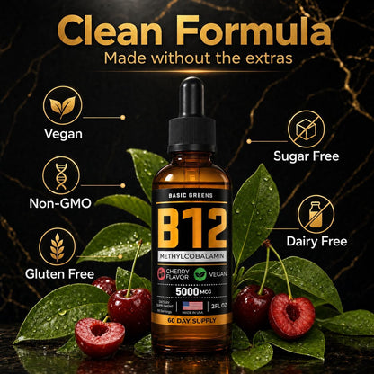 BASIC GREENS Vitamin B12 Liquid Drops 5000 mcg, Sublingual Methylcobalamin, Vegan Cherry Flavour, 59 ml