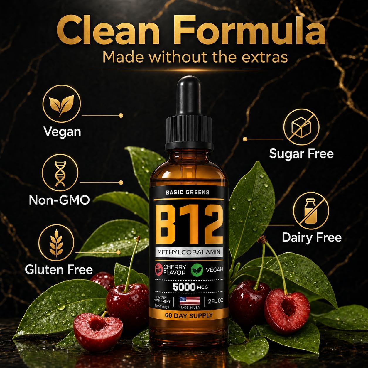 BASIC GREENS Vitamin B12 Drops 5000 mcg Methylcobalamin, Liquid B12 Sublingual Drops, Vegan B-12 Supplement, Cherry Flavour (Pack of 2) - görsel 3