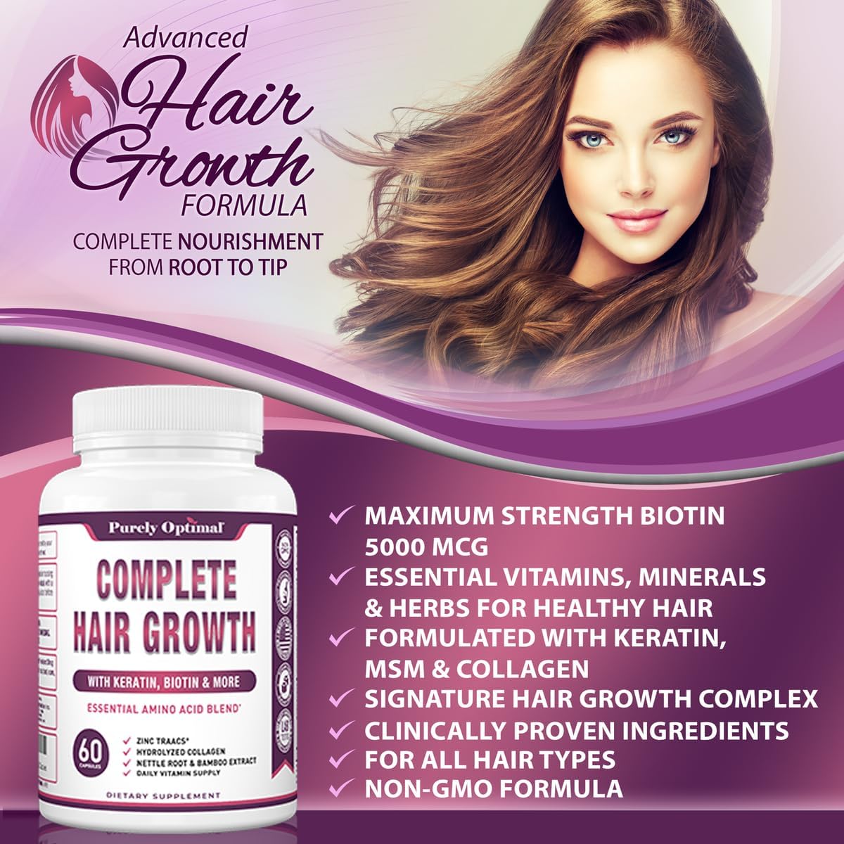 Purely Optimum Hair Growth Vitamins – Biotin, Collagen, Keratin – 60 Capsules - görsel 4